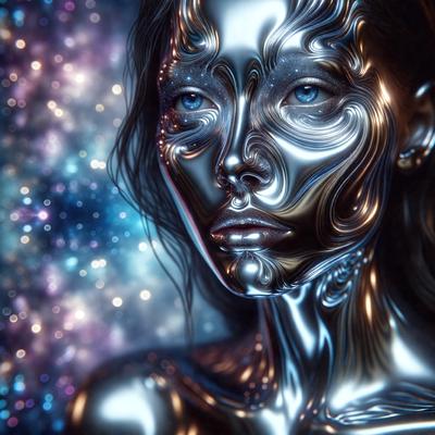 The primary subject of the image is a woman with a silver face, which appears to be a digital art or illustration. The setting is a space background, with a purple and blue color scheme. The visual style gives the impression of a futuristic or surreal scene. The overall atmosphere is one of intrigue and uniqueness, as the woman's silver face stands out against the space background.